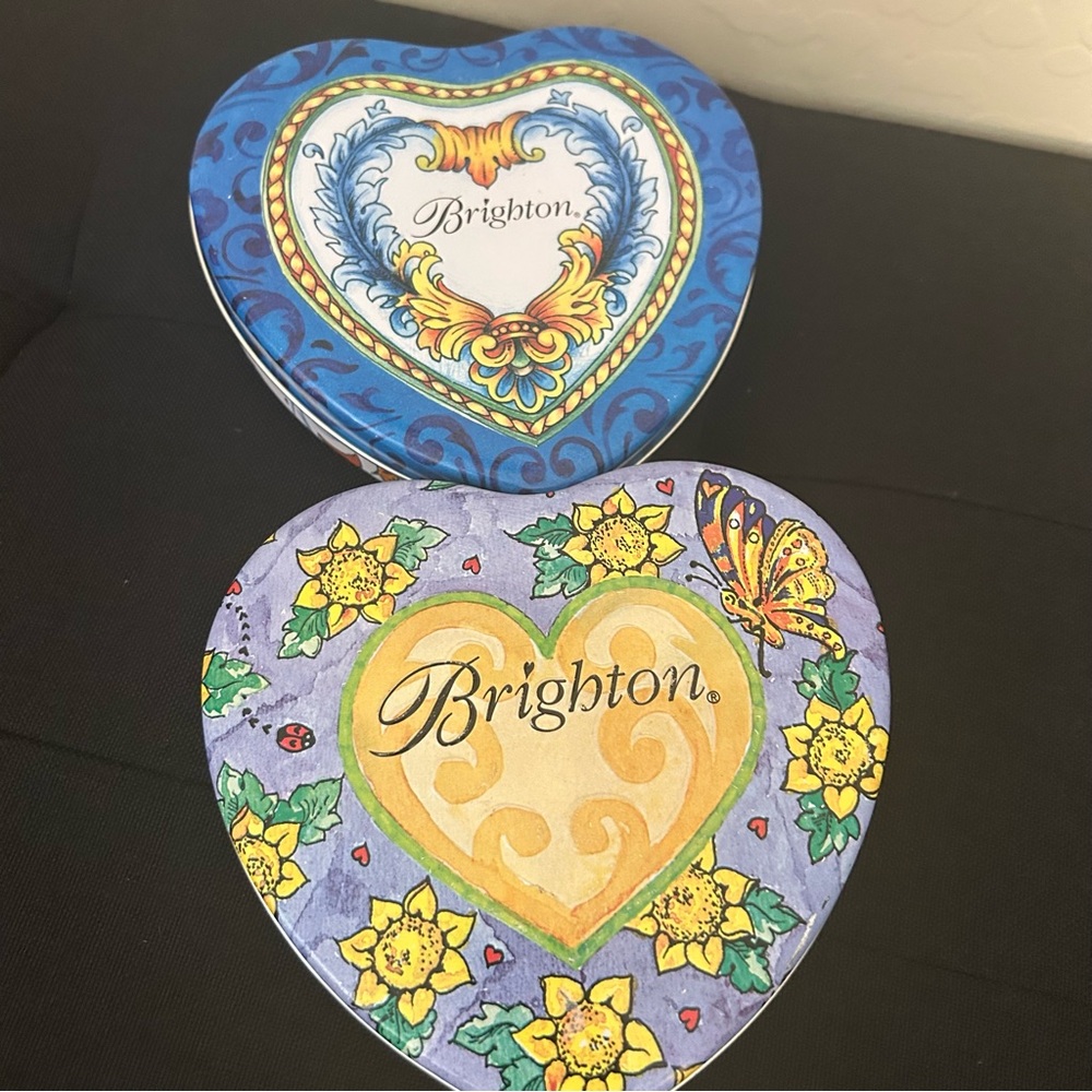 Brighton 2 Heart-Shaped Decorative Metal Tins for jewelry or accessories vintage